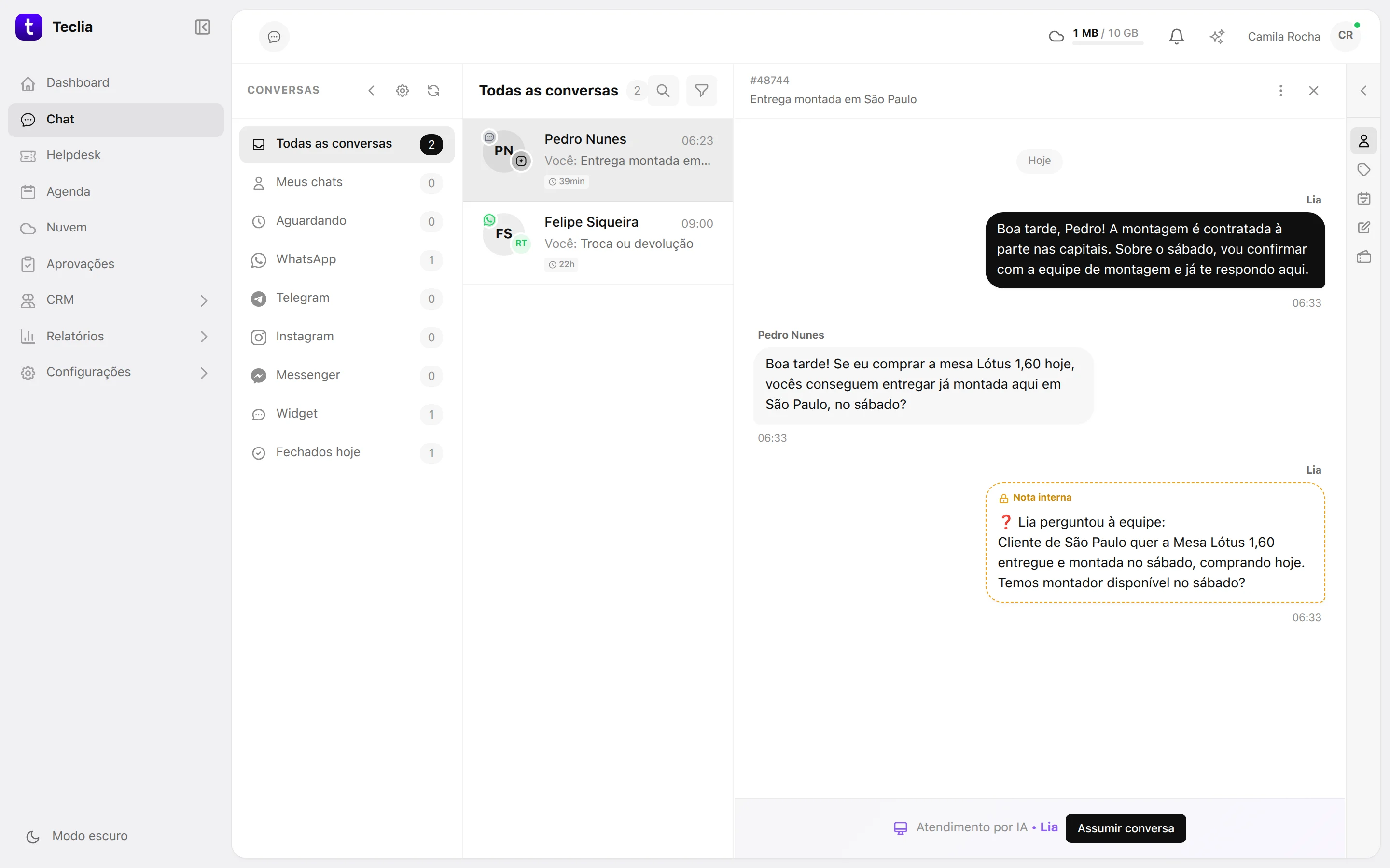 Chat do site atendido pela IA, com tudo à vista para quem quiser assumir.
