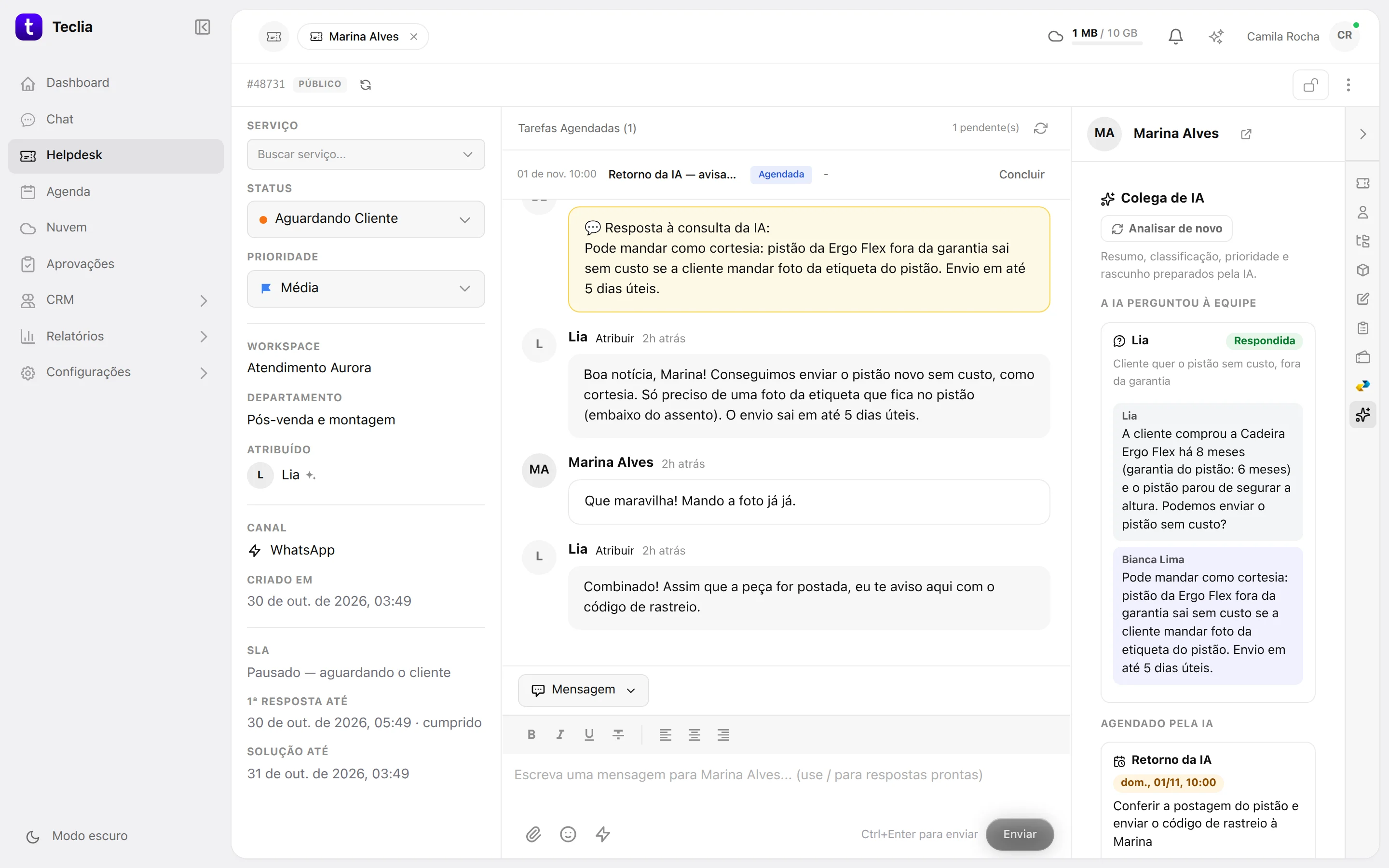 A Bianca respondeu em 6 minutos. A Lia voltou à cliente com a resposta certa e marcou o retorno.
